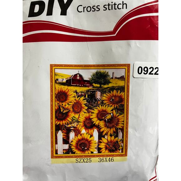 NWP DIY Counted Cross-Stitch Red Barn and Sunflower Kit SZX25 Size is 36x46 - Picture 1 of 2